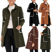 Fashion Contrast Color Long Sleeve POLO Collar Coat