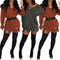 Fashion Solid Color Long Sleeve V-neck Ripped Sweater Dress