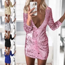 Sexy Deep V-neck Long Sleeve Slim Fit Sequin Dress