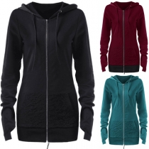 Fashion Long Sleeve Lace-up Lace Spliced Hooded Sweatshirt Coat