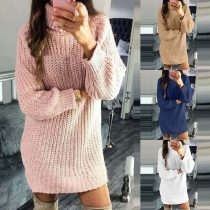Fashion Solid Color Long Sleeve Turtleneck Sweater Dress