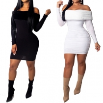 Sexy Faux Fur Spliced Boat Neck Long Sleeve Slim Fit Dress