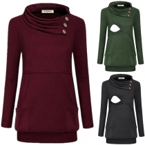 Fashion Solid Color Long Sleeve Oblique Collar Breastfeeding Sweatshirt