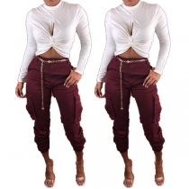 Fashion Solid Color High Waist Side-pocket Casual Pants