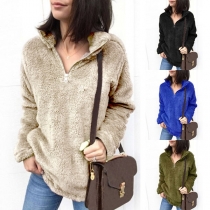 Fashion Solid Color Long Sleeve Stand Collar Plush Sweatshirt