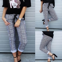 Fashion Contrast Color Elastic Waist Plaid Casual Pants