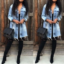 Fashion Single-breasted Lapel Collar Long Sleeve Frayed Denim Coat