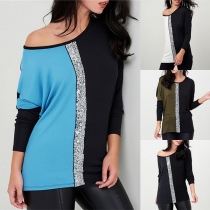 Fashion Contrast Color Oblique Shoulder Long Sleeve Paillette Shirt