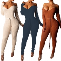 Fashion Solid Color Deep V-neck Slim Fit Ribbing Jumpsuit