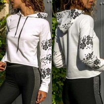 Fashion Contrast Color Long Sleeve Rose Printed Drawstring Hooded Sweatshirt 