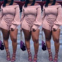 Sexy Off-shoulder Boat Neck Long Sleeve Knit Crop Top + Shorts Two-piece Set 