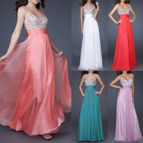Sexy Backless V-neck High Waist Sequin Spliced Sling Dress