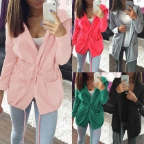 Fashion Solid Color Long Sleeve Drawstring Waist Hooded Cardigan 
