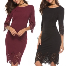Elegant Solid Color 3/4 Sleeve Round Neck Slim Fit Hollow Out Dress