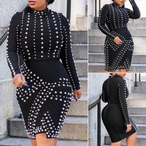 Fashion Long Sleeve Mock Neck Slim Fit Rivets Dress