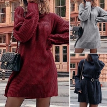 Fashion Solid Color Long Sleeve Turtleneck Sweater Dress