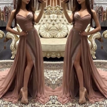 Sexy Backless V-neck Sling Crop Top + Slit Hem Skirt Two-piece Set 