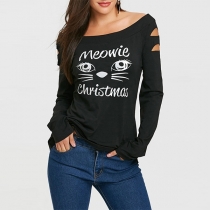 Cute Cat Printed Hollow Out Long Sleeve Boat Neck T-shirt