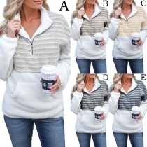 Fashion Contrast Color Long Sleeve Stand Collar Plush Sweatshirt 