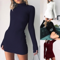Fashion Solid Color Long Sleeve Mock Neck Slim Fit Dress