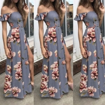 Sexy Off-shoulder Boat Neck Short Sleeve Slit Hem Printed Dress