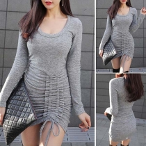 Fashion Long Sleeve Round Neck Drawstring Hem Slim Fit Dress