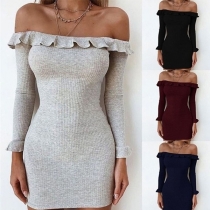 Sexy Ruffle Boat Neck Long Sleeve Slim Fit Knit Dress