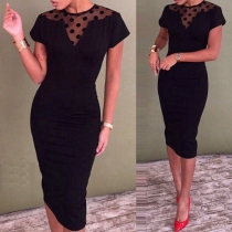 Sexy Dots Gauze Spliced Short Sleeve Round Neck Slim Fit Dress