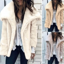 Fashion Solid Color Drape Lapel Button Front Long Sleeve Plush Coat