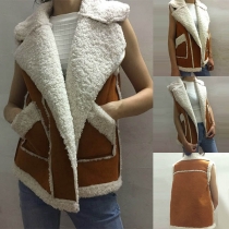 Fashion Notched Lapel Zipper Front Faux Fur Plush Spliced Vest