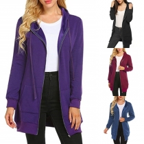 Fashion Solid Color Zipper Front Slim Fit Long-line Hooded Sweatshirt