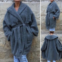Fashion Solid Color Drape Lapel Self-tie Long Sleeve Plush Faux Fur Coat