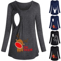 Cute Elk Printed Long Sleeve Round Neck Breastfeeding T-shirt