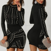 Fashion Long Sleeve Mock Neck Slim Fit Beaded Tight Dress