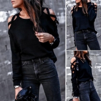 Sexy Off-shoulder Long Sleeve Round Neck Solid Color T-shirt