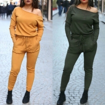 Fashion Solid Color Oblique Shoulder Long Sleeve Elastic Waist Slim Fit Jumpsuit