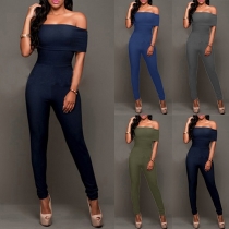 Sexy Off-shoulder Boat Neck High Waist Slim Fit Solid Color Jumpsuit