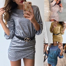 Fashion Long Sleeve Round Neck Irregular Hem Slim Fit Dress