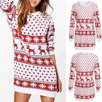 Fashion Long Sleeve Round Neck Slim Fit Printed Dress