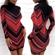 Fashion Solid Color Long Sleeve Stand Collar Slim Fit Printed Dress