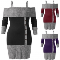 Sexy Off-shoulder Long Sleeve Slim Fit Contrast Color Sling Dress