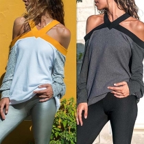 Sexy Off-shoulder Contrast Color Long Sleeve Halter Knit Top