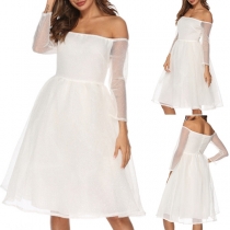 Sexy Off-shoulder Boat Neck Long Sleeve Gauze Spliced Dress