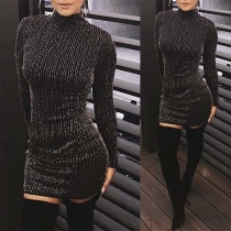 Fashion Long Sleeve Mock Neck Slim Fit Sequin Dress