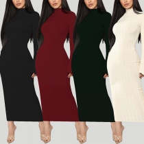 Fashion Solid Color Lace-up Trumpet Sleeve Mock Neck Slim Fit Dress
