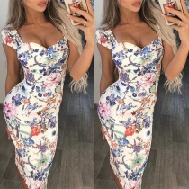 Fashion Short Sleeve Square Collar Slim Fit Printed Dress