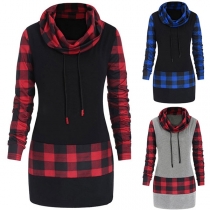 Fashion Long Sleeve Plaid Spliced Cowl Neck Slim Fit Sweatshirt Dress