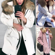 Fashion Solid Color Long Sleeve Faux Fur Spliced Hooded Padded Coat