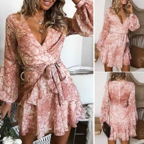 Sexy Deep V-neck Lantern Sleeve Ruffle Hem Printed Dress