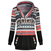 Fashion Printed Spliced Long Sleeve V-neck Hooded Sweatshirt